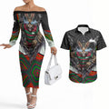South Sydney Rabbitohs Couples Matching Off The Shoulder Long Sleeve Dress and Hawaiian Shirt The Scream of Lightning Eyes - Indigenous Dot Ripping Effect