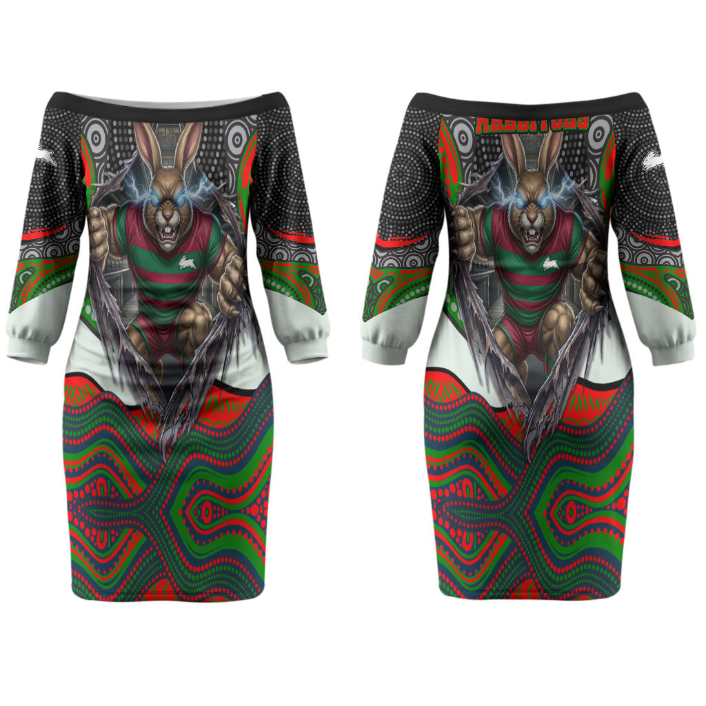South Sydney Rabbitohs Couples Matching Off The Shoulder Long Sleeve Dress and Hawaiian Shirt The Scream of Lightning Eyes - Indigenous Dot Ripping Effect