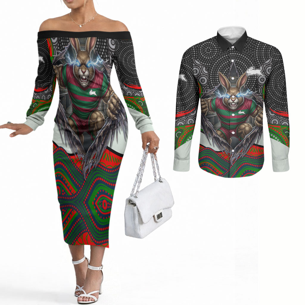 South Sydney Rabbitohs Couples Matching Off The Shoulder Long Sleeve Dress and Long Sleeve Button Shirt The Scream of Lightning Eyes - Indigenous Dot Ripping Effect