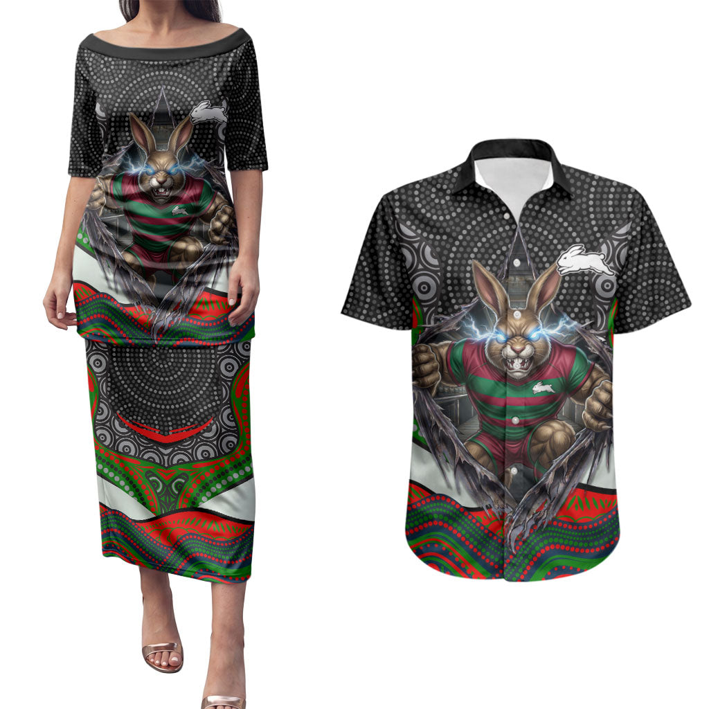South Sydney Rabbitohs Couples Matching Puletasi and Hawaiian Shirt The Scream of Lightning Eyes - Indigenous Dot Ripping Effect