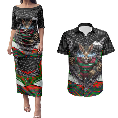 South Sydney Rabbitohs Couples Matching Puletasi and Hawaiian Shirt The Scream of Lightning Eyes - Indigenous Dot Ripping Effect