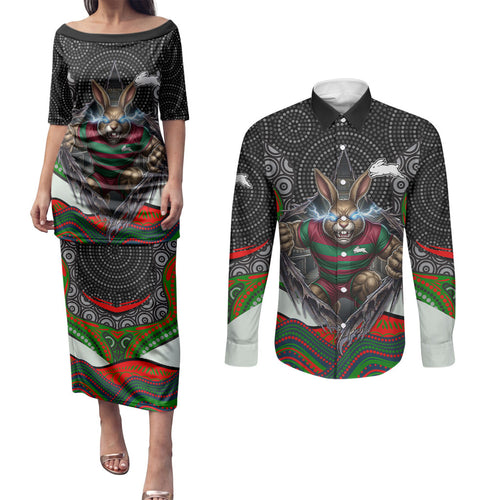 South Sydney Rabbitohs Couples Matching Puletasi and Long Sleeve Button Shirt The Scream of Lightning Eyes - Indigenous Dot Ripping Effect