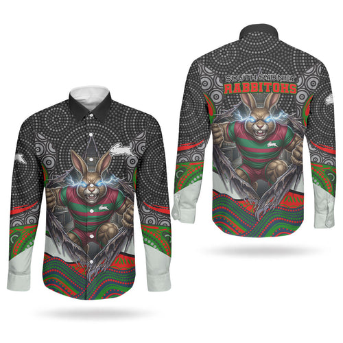 South Sydney Rabbitohs Couples Matching Puletasi and Long Sleeve Button Shirt The Scream of Lightning Eyes - Indigenous Dot Ripping Effect