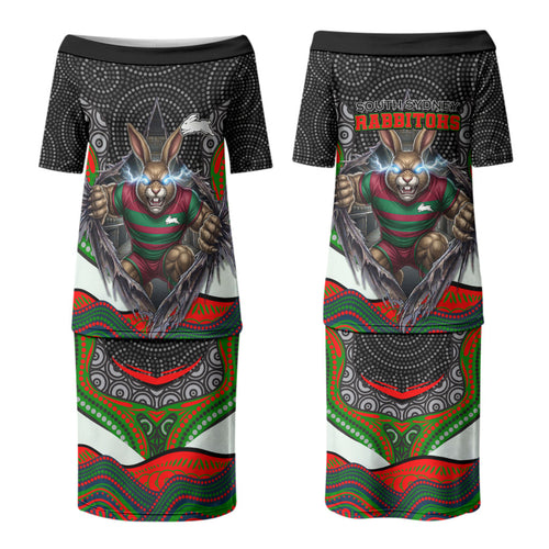 South Sydney Rabbitohs Couples Matching Puletasi and Long Sleeve Button Shirt The Scream of Lightning Eyes - Indigenous Dot Ripping Effect