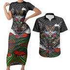 South Sydney Rabbitohs Couples Matching Short Sleeve Bodycon Dress and Hawaiian Shirt The Scream of Lightning Eyes - Indigenous Dot Ripping Effect