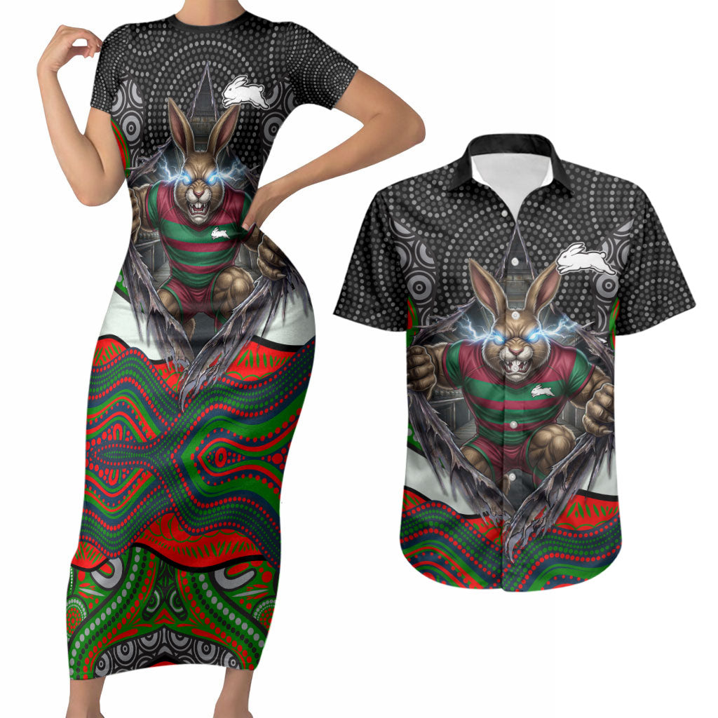 South Sydney Rabbitohs Couples Matching Short Sleeve Bodycon Dress and Hawaiian Shirt The Scream of Lightning Eyes - Indigenous Dot Ripping Effect