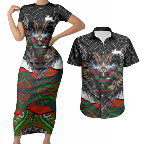 South Sydney Rabbitohs Couples Matching Short Sleeve Bodycon Dress and Hawaiian Shirt The Scream of Lightning Eyes - Indigenous Dot Ripping Effect