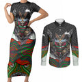 South Sydney Rabbitohs Couples Matching Short Sleeve Bodycon Dress and Long Sleeve Button Shirt The Scream of Lightning Eyes - Indigenous Dot Ripping Effect
