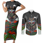 South Sydney Rabbitohs Couples Matching Short Sleeve Bodycon Dress and Long Sleeve Button Shirt The Scream of Lightning Eyes - Indigenous Dot Ripping Effect