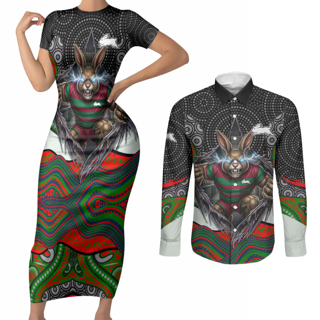 South Sydney Rabbitohs Couples Matching Short Sleeve Bodycon Dress and Long Sleeve Button Shirt The Scream of Lightning Eyes - Indigenous Dot Ripping Effect