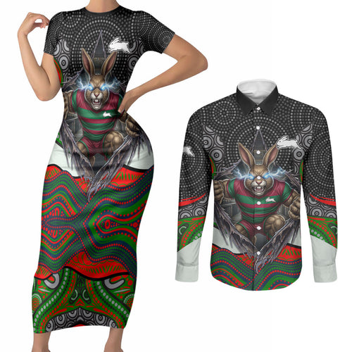 South Sydney Rabbitohs Couples Matching Short Sleeve Bodycon Dress and Long Sleeve Button Shirt The Scream of Lightning Eyes - Indigenous Dot Ripping Effect
