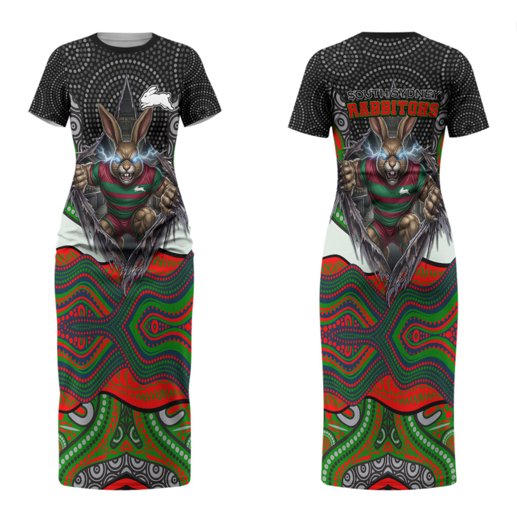 South Sydney Rabbitohs Couples Matching Short Sleeve Bodycon Dress and Long Sleeve Button Shirt The Scream of Lightning Eyes - Indigenous Dot Ripping Effect