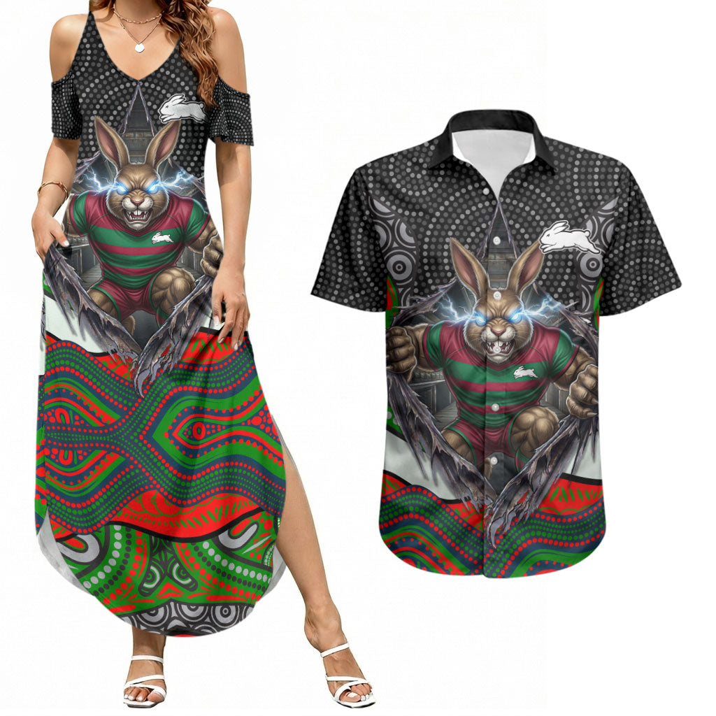 South Sydney Rabbitohs Couples Matching Summer Maxi Dress and Hawaiian Shirt The Scream of Lightning Eyes - Indigenous Dot Ripping Effect