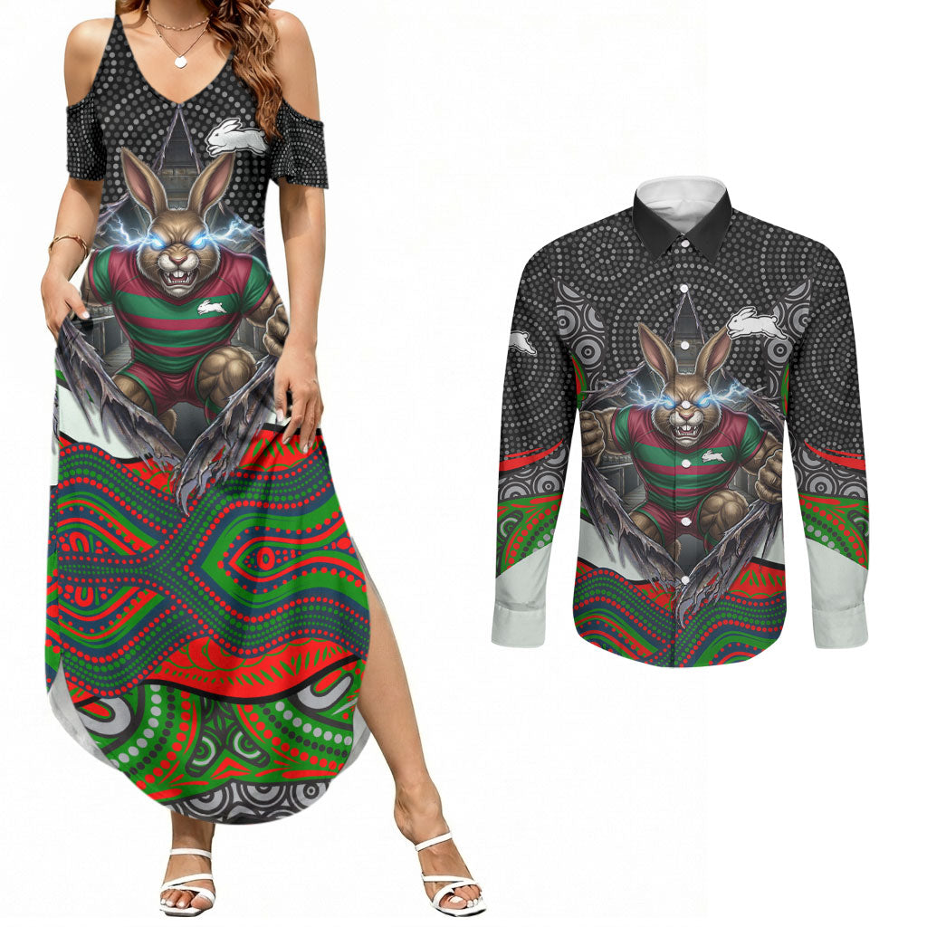 South Sydney Rabbitohs Couples Matching Summer Maxi Dress and Long Sleeve Button Shirt The Scream of Lightning Eyes - Indigenous Dot Ripping Effect