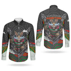 South Sydney Rabbitohs Couples Matching Tank Maxi Dress and Long Sleeve Button Shirt The Scream of Lightning Eyes - Indigenous Dot Ripping Effect