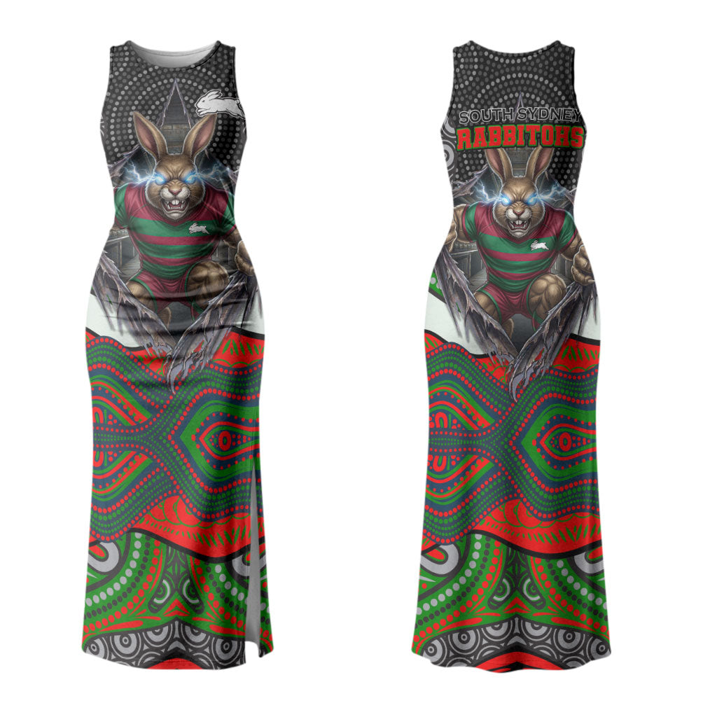South Sydney Rabbitohs Couples Matching Tank Maxi Dress and Long Sleeve Button Shirt The Scream of Lightning Eyes - Indigenous Dot Ripping Effect