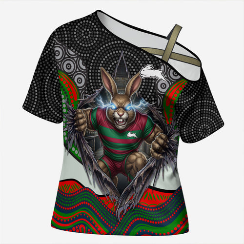 South Sydney Rabbitohs Cross Shoulder Shirt The Scream of Lightning Eyes - Indigenous Dot Ripping Effect