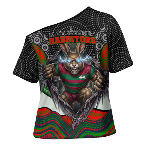 South Sydney Rabbitohs Cross Shoulder Shirt The Scream of Lightning Eyes - Indigenous Dot Ripping Effect