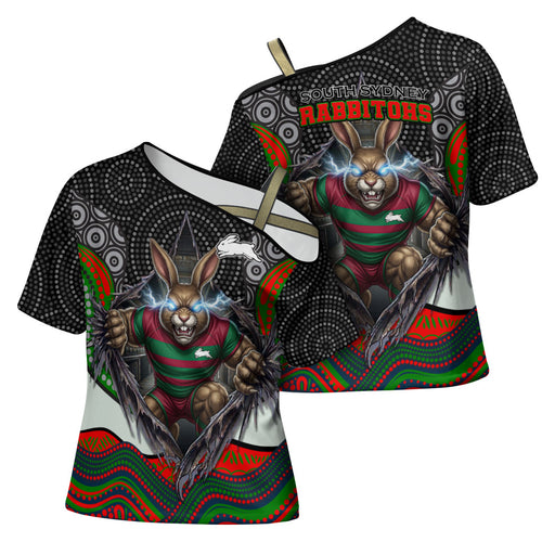 South Sydney Rabbitohs Cross Shoulder Shirt The Scream of Lightning Eyes - Indigenous Dot Ripping Effect