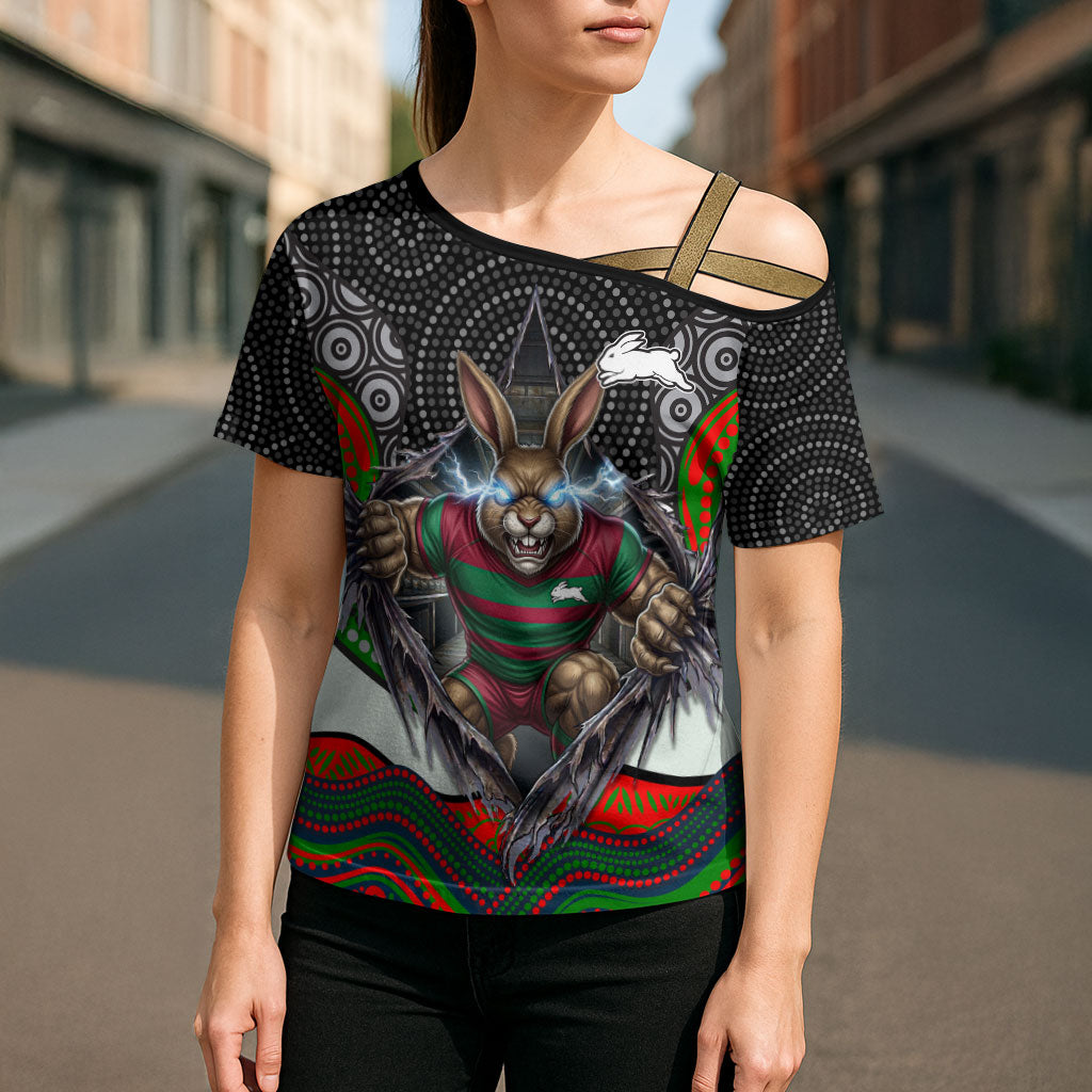 South Sydney Rabbitohs Cross Shoulder Shirt The Scream of Lightning Eyes - Indigenous Dot Ripping Effect