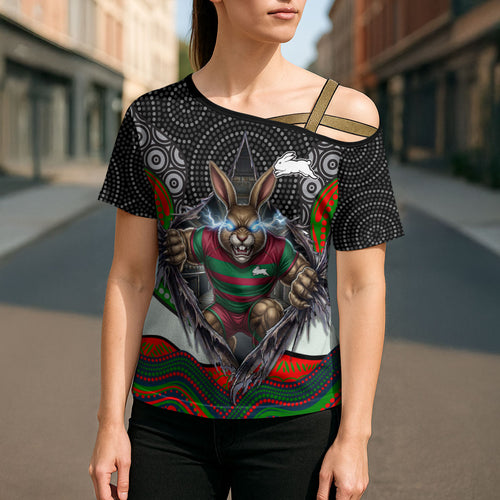 South Sydney Rabbitohs Cross Shoulder Shirt The Scream of Lightning Eyes - Indigenous Dot Ripping Effect