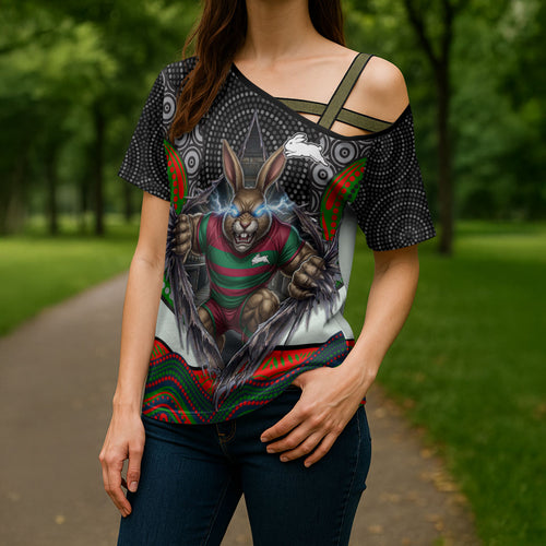 South Sydney Rabbitohs Cross Shoulder Shirt The Scream of Lightning Eyes - Indigenous Dot Ripping Effect