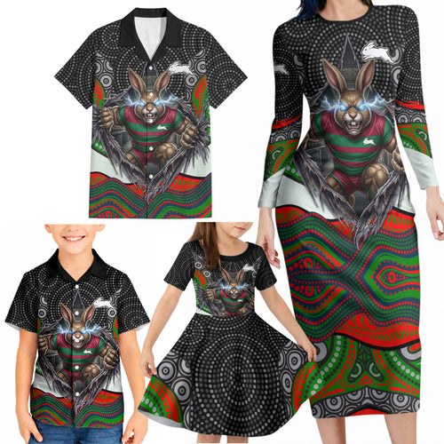 South Sydney Rabbitohs Family Matching Long Sleeve Bodycon Dress and Hawaiian Shirt The Scream of Lightning Eyes - Indigenous Dot Ripping Effect