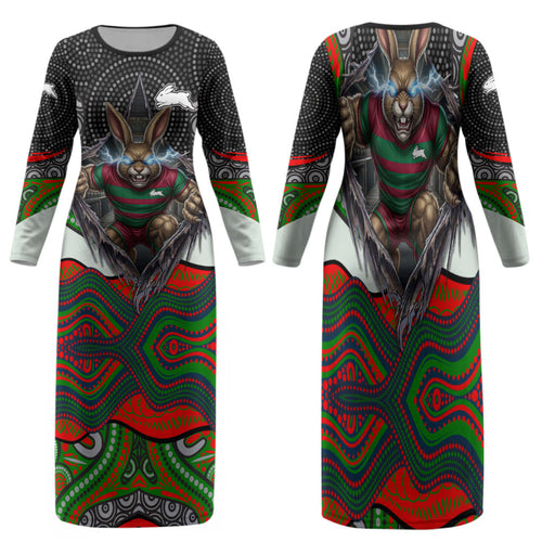 South Sydney Rabbitohs Family Matching Long Sleeve Bodycon Dress and Hawaiian Shirt The Scream of Lightning Eyes - Indigenous Dot Ripping Effect