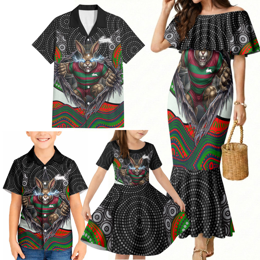 South Sydney Rabbitohs Family Matching Mermaid Dress and Hawaiian Shirt The Scream of Lightning Eyes - Indigenous Dot Ripping Effect
