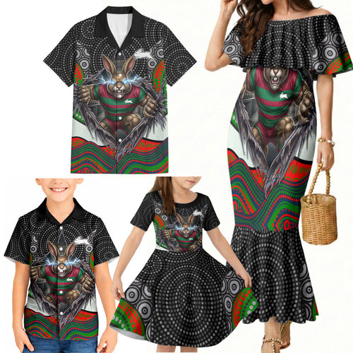 South Sydney Rabbitohs Family Matching Mermaid Dress and Hawaiian Shirt The Scream of Lightning Eyes - Indigenous Dot Ripping Effect