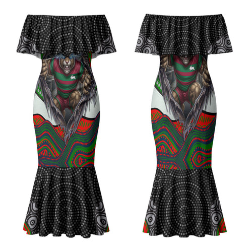 South Sydney Rabbitohs Family Matching Mermaid Dress and Hawaiian Shirt The Scream of Lightning Eyes - Indigenous Dot Ripping Effect