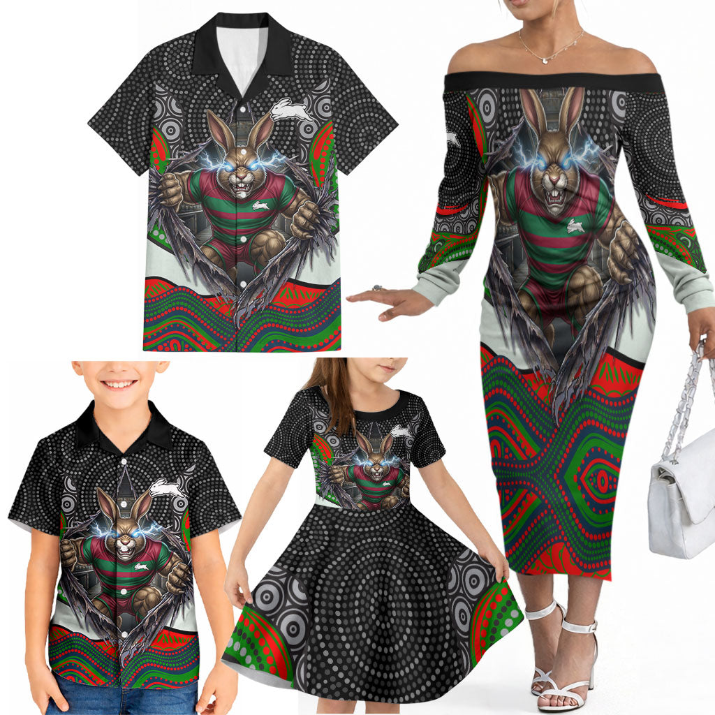 South Sydney Rabbitohs Family Matching Off The Shoulder Long Sleeve Dress and Hawaiian Shirt The Scream of Lightning Eyes - Indigenous Dot Ripping Effect