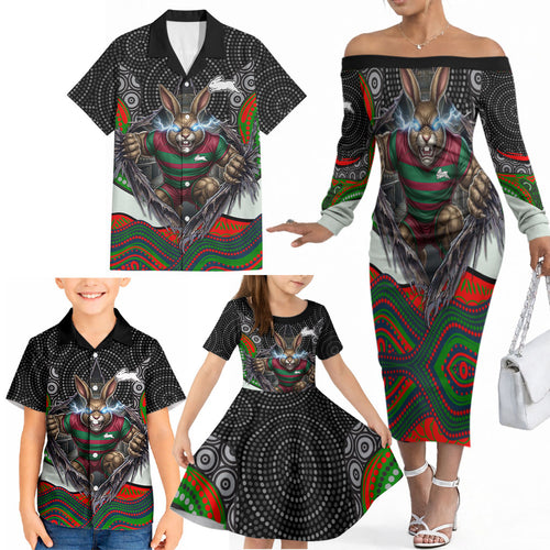 South Sydney Rabbitohs Family Matching Off The Shoulder Long Sleeve Dress and Hawaiian Shirt The Scream of Lightning Eyes - Indigenous Dot Ripping Effect