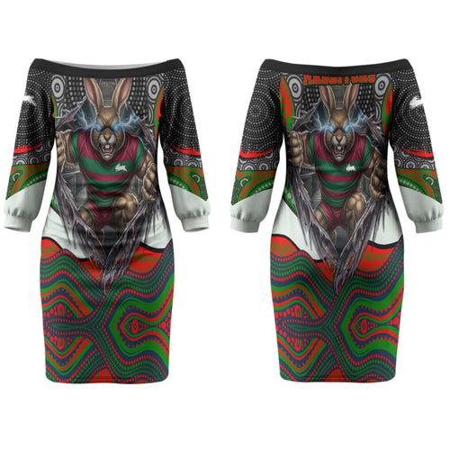 South Sydney Rabbitohs Family Matching Off The Shoulder Long Sleeve Dress and Hawaiian Shirt The Scream of Lightning Eyes - Indigenous Dot Ripping Effect