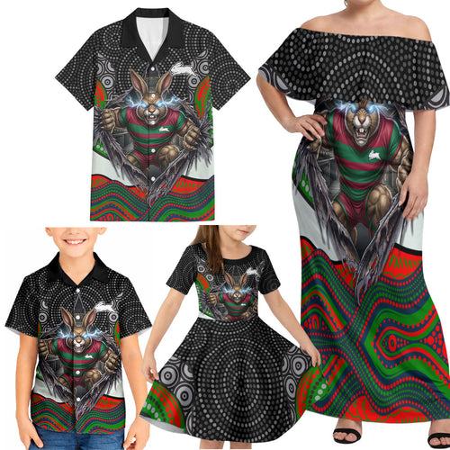 South Sydney Rabbitohs Family Matching Off Shoulder Maxi Dress and Hawaiian Shirt The Scream of Lightning Eyes - Indigenous Dot Ripping Effect