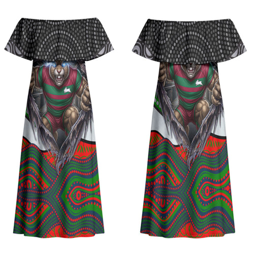South Sydney Rabbitohs Family Matching Off Shoulder Maxi Dress and Hawaiian Shirt The Scream of Lightning Eyes - Indigenous Dot Ripping Effect