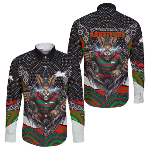 South Sydney Rabbitohs Family Matching Off Shoulder Maxi Dress and Hawaiian Shirt The Scream of Lightning Eyes - Indigenous Dot Ripping Effect