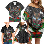 South Sydney Rabbitohs Family Matching Off Shoulder Short Dress and Hawaiian Shirt The Scream of Lightning Eyes - Indigenous Dot Ripping Effect
