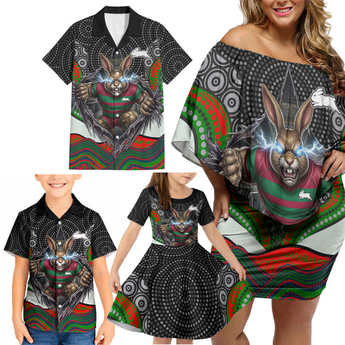 South Sydney Rabbitohs Family Matching Off Shoulder Short Dress and Hawaiian Shirt The Scream of Lightning Eyes - Indigenous Dot Ripping Effect