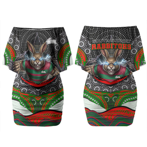 South Sydney Rabbitohs Family Matching Off Shoulder Short Dress and Hawaiian Shirt The Scream of Lightning Eyes - Indigenous Dot Ripping Effect