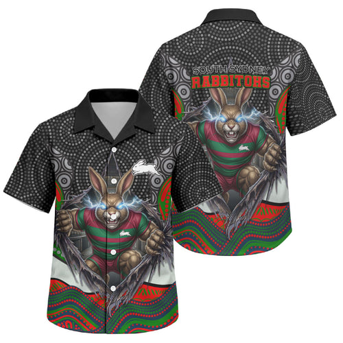 South Sydney Rabbitohs Family Matching Off Shoulder Short Dress and Hawaiian Shirt The Scream of Lightning Eyes - Indigenous Dot Ripping Effect