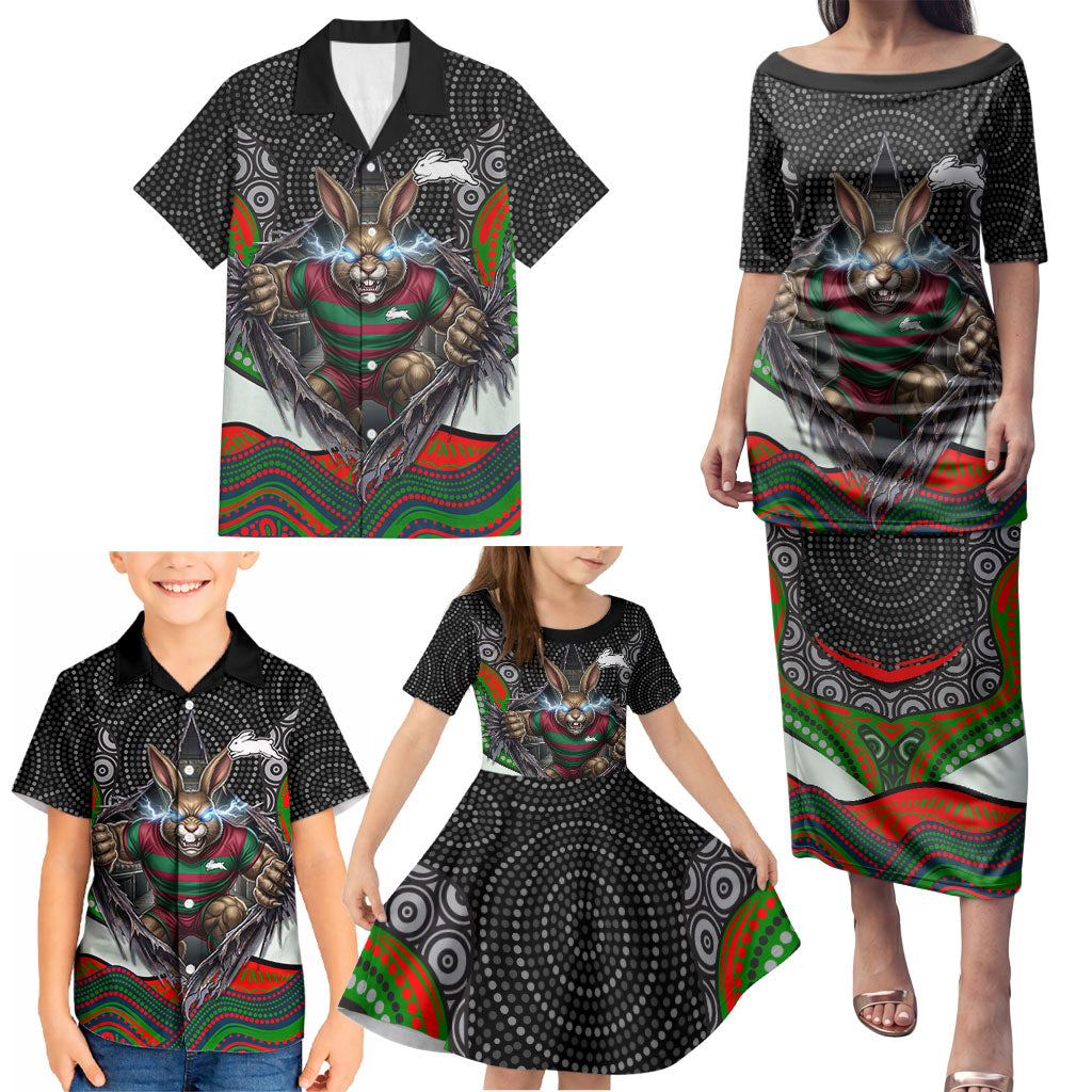 South Sydney Rabbitohs Family Matching Puletasi and Hawaiian Shirt The Scream of Lightning Eyes - Indigenous Dot Ripping Effect