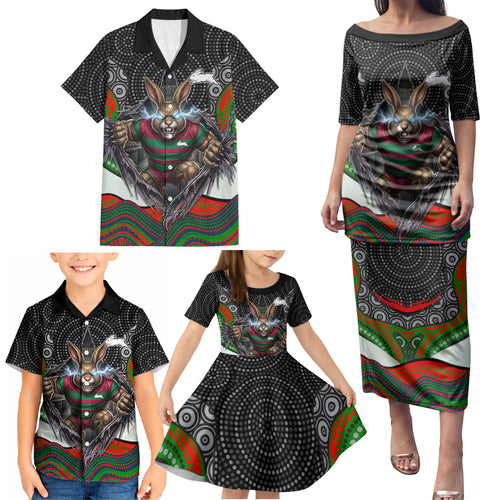 South Sydney Rabbitohs Family Matching Puletasi and Hawaiian Shirt The Scream of Lightning Eyes - Indigenous Dot Ripping Effect