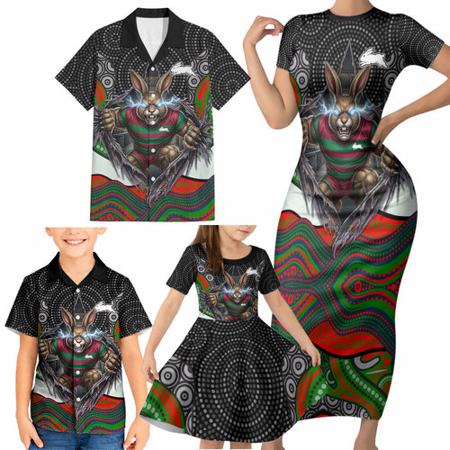 South Sydney Rabbitohs Family Matching Short Sleeve Bodycon Dress and Hawaiian Shirt The Scream of Lightning Eyes - Indigenous Dot Ripping Effect