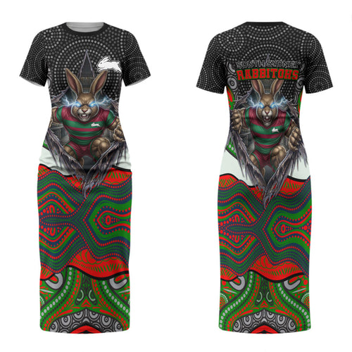 South Sydney Rabbitohs Family Matching Short Sleeve Bodycon Dress and Hawaiian Shirt The Scream of Lightning Eyes - Indigenous Dot Ripping Effect