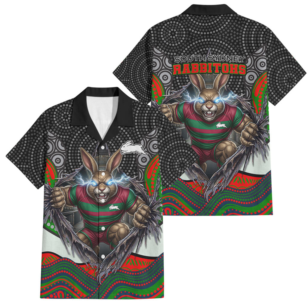 South Sydney Rabbitohs Family Matching Short Sleeve Bodycon Dress and Hawaiian Shirt The Scream of Lightning Eyes - Indigenous Dot Ripping Effect