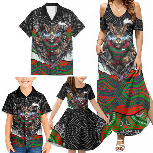South Sydney Rabbitohs Family Matching Summer Maxi Dress and Hawaiian Shirt The Scream of Lightning Eyes - Indigenous Dot Ripping Effect