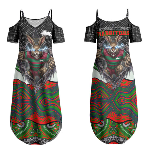 South Sydney Rabbitohs Family Matching Summer Maxi Dress and Hawaiian Shirt The Scream of Lightning Eyes - Indigenous Dot Ripping Effect