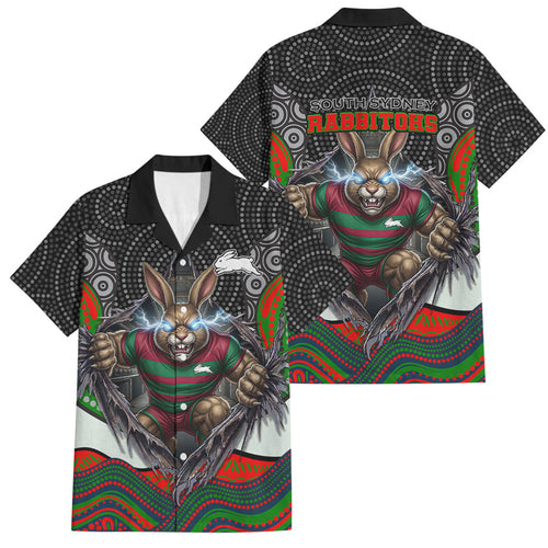 South Sydney Rabbitohs Family Matching Summer Maxi Dress and Hawaiian Shirt The Scream of Lightning Eyes - Indigenous Dot Ripping Effect