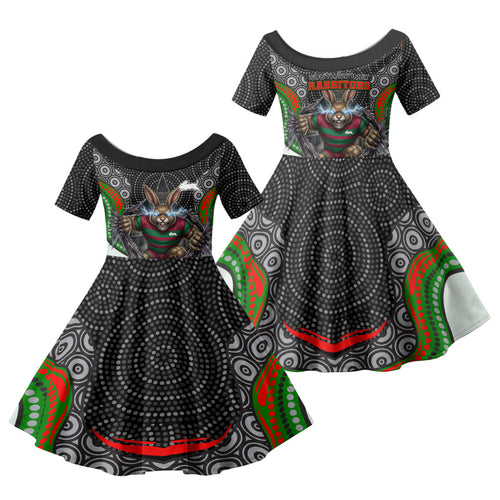 South Sydney Rabbitohs Family Matching Summer Maxi Dress and Hawaiian Shirt The Scream of Lightning Eyes - Indigenous Dot Ripping Effect